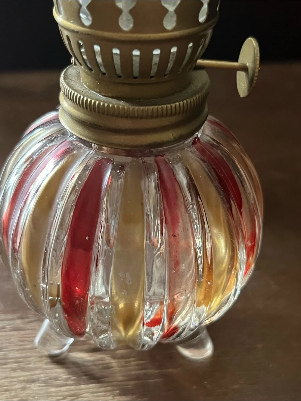 Vtg Miniature Oil Lantern 3 Footed Clear Glass Globe Fluted Pumpkin Shape Base